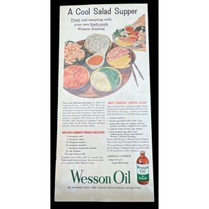 Wesson Oil Vintage Print Ad 1954 Cool Salad Supper Kitchen Art Recipe Decor
